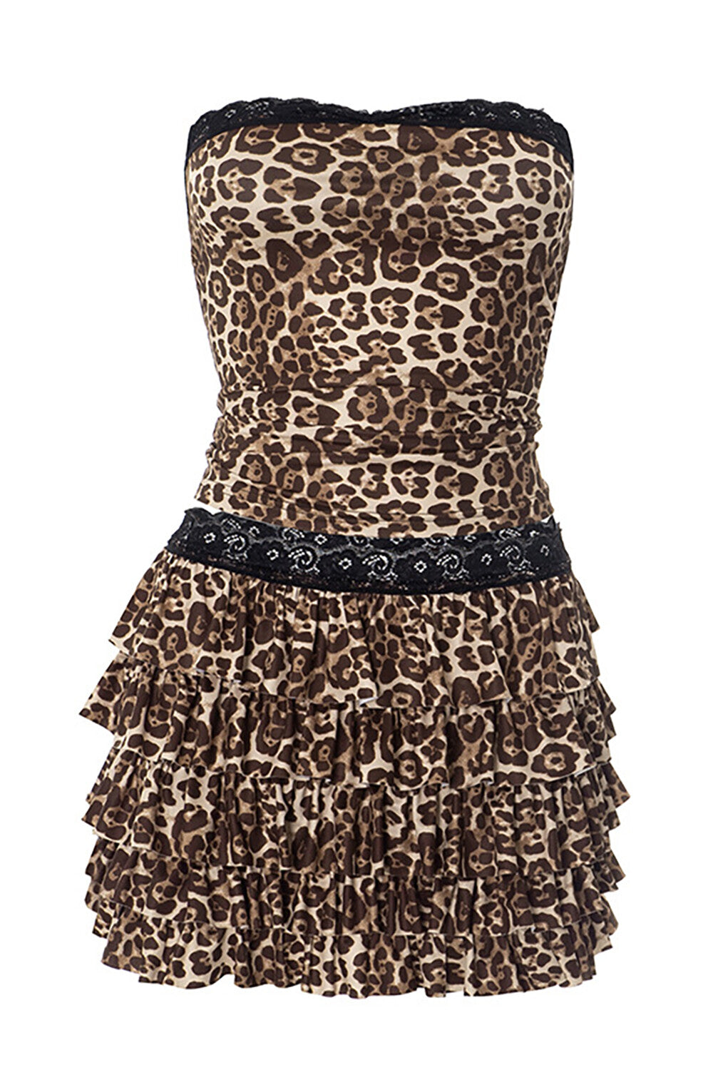 Leopard Print Lace Trim Strapless Top Tiered Ruffled Mini Skirt 2pcs Set-Brown