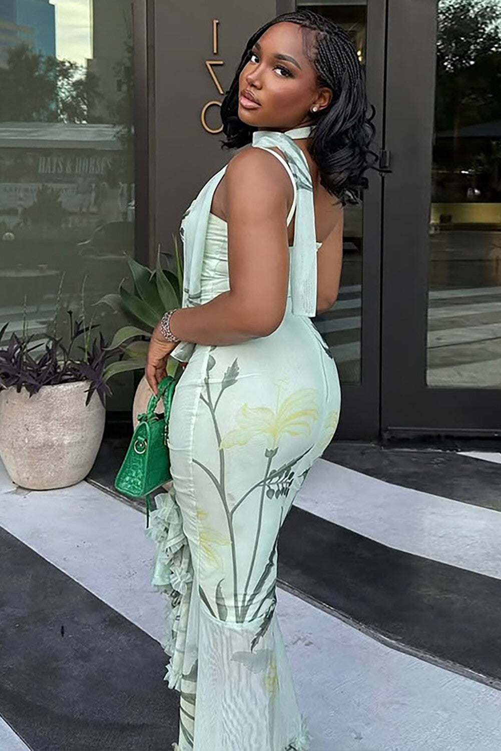 Cutout Ruched Bodycon Floral Print Ruffled Strappy Maxi Dresses-Green