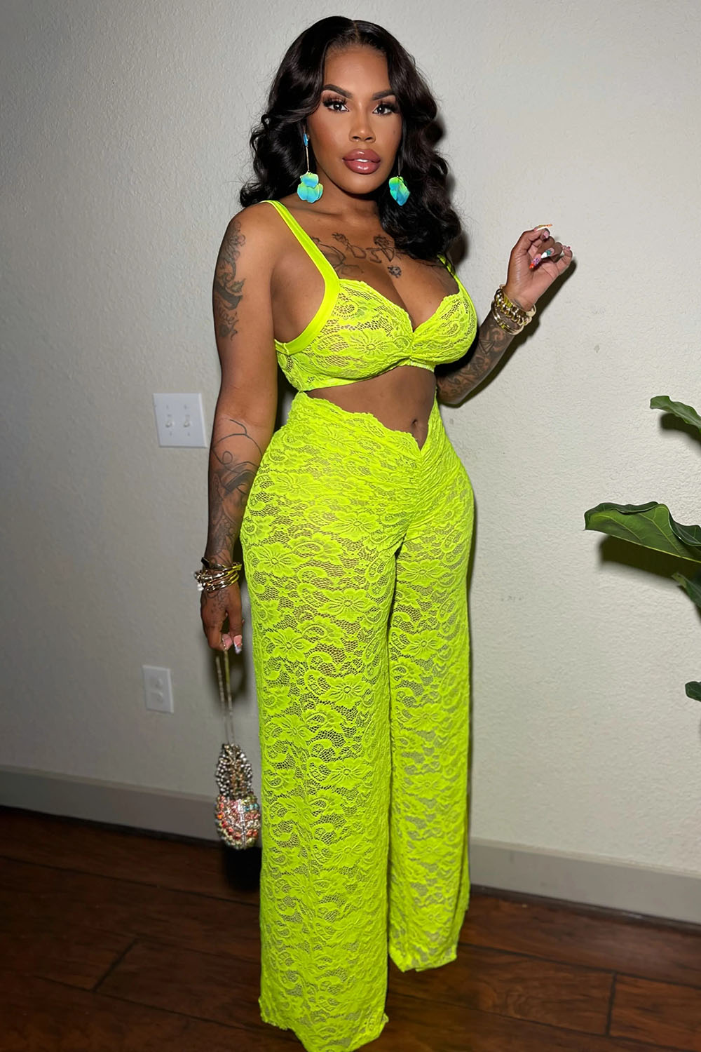 Lace Cami Bikini Top V-Rise Wide Leg Pants Party 2pcs Set-Green [Pre Order]
