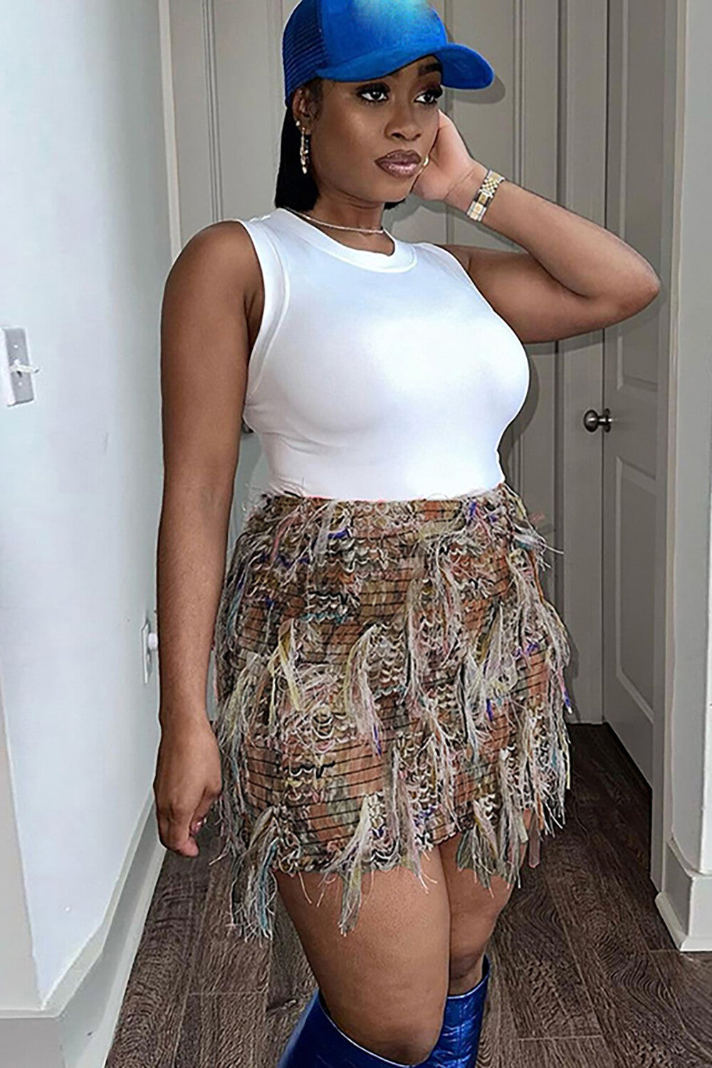 Multicolor Fringed Design Bodycon Mini Skirt-Pink