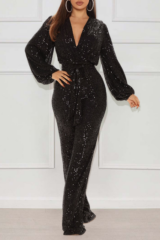 Deep V Neck Lantern Sleeve Sequin Tie Up Party Jumpsuit-Black