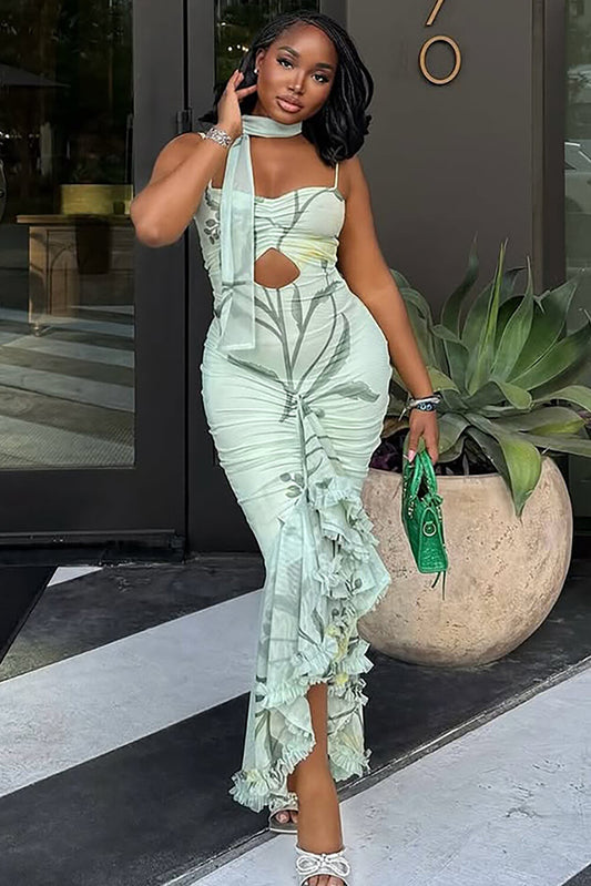 Cutout Ruched Bodycon Floral Print Ruffled Strappy Maxi Dresses-Green
