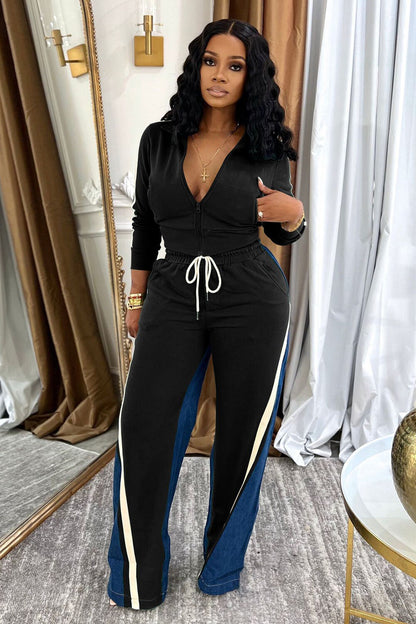 Zipper Pocket Crop Track Jacket Denim Patchwork Tie Up Pants 2pcs Set-Green