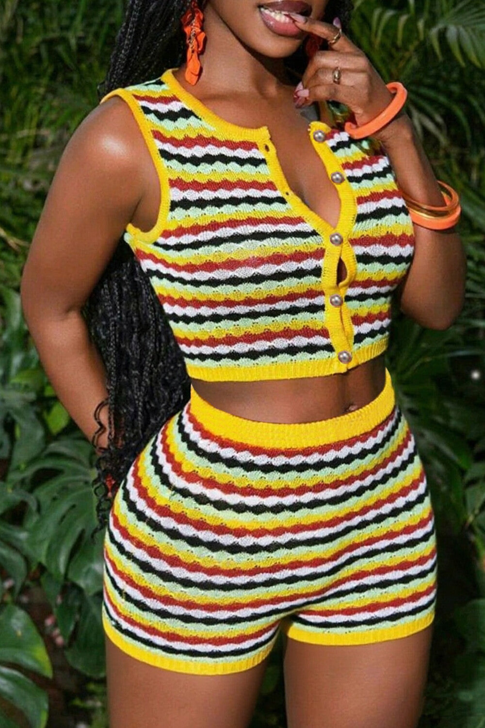 Striped Knit Button Up Crop Tank Top Slim Fit Shorts 2pcs Set-Orange