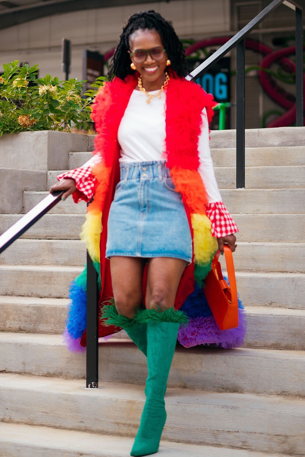Rainbow-Colored Tulle Tiered Ruffled Sleeveless Long Vest Coat-Red [Pre Order]