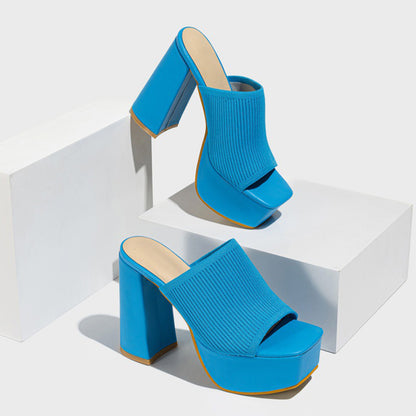 Knitted Solid Color Open Toe Slip On Platform Chunky Heels-Green