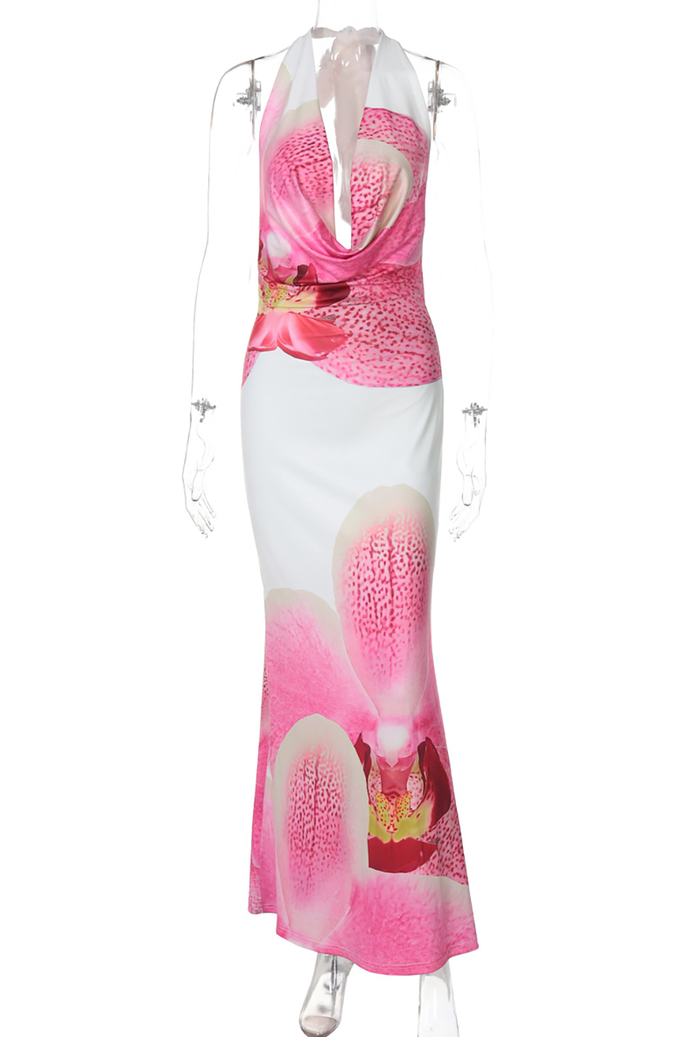 Halter Cowl Neckline Floral Print Bodycon Vacation Maxi Dresses-Pink