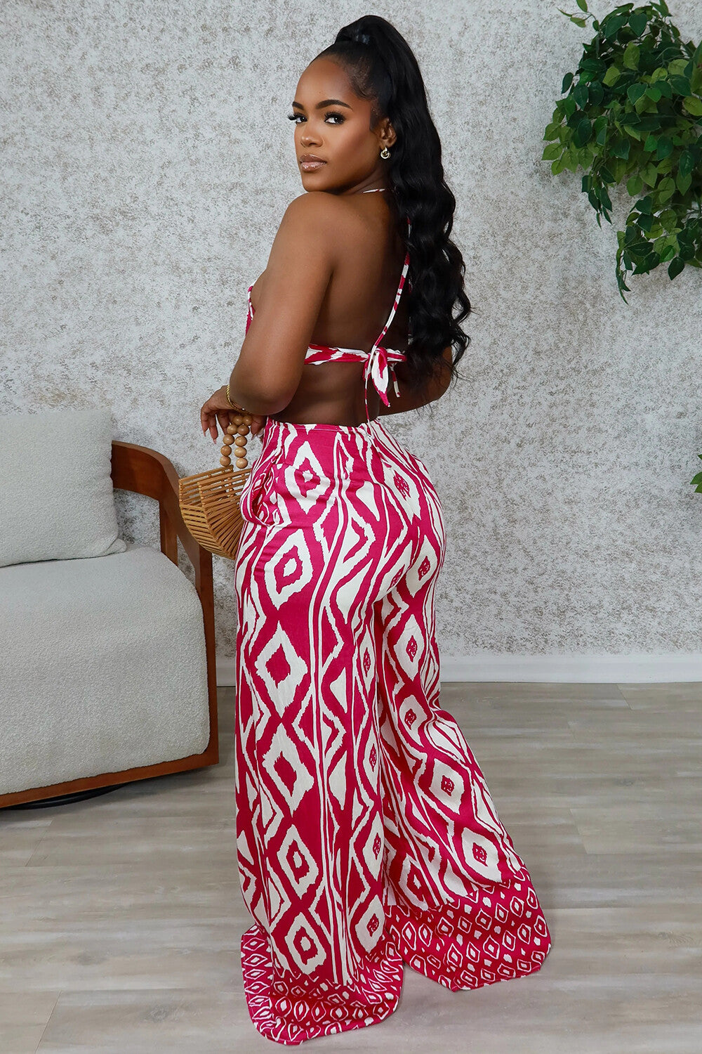 Boho Placement Print Halter Backless Vacay Wide Leg Jumpsuit-Red [Pre Order]
