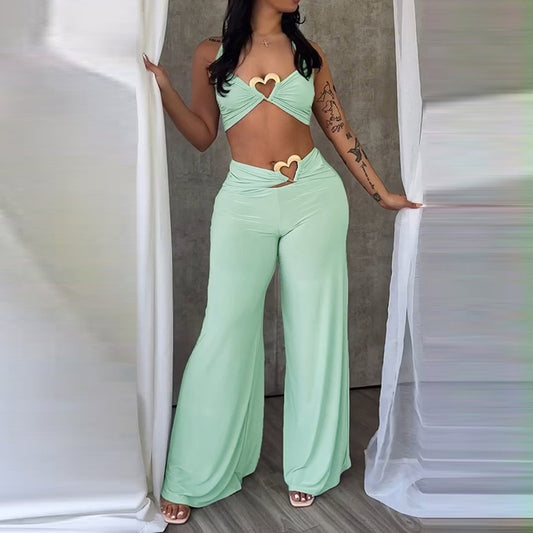 Sexy Hot Girl Love Metal Buckle Hollow Top Wide-Leg Casual Pants Two Piece Set