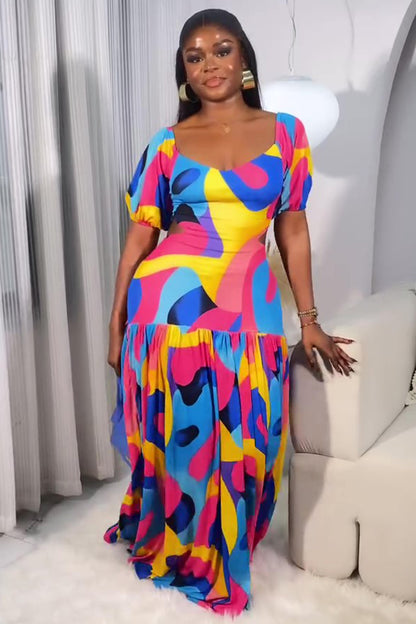 Geometric Print Puff Sleeve Slit Hem Maxi Dresses-Multicolor [Pre Order]