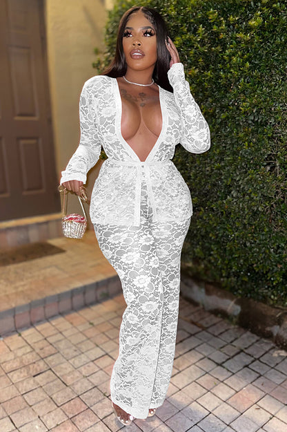 Floral Lace Deep V Neck Long Sleeve Top Straight Leg Pants 2pcs Set-White