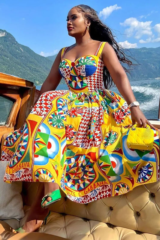 Geometric Print Sweetheart Neckline A-Line Vacation Slip Maxi Dresses-Yellow
