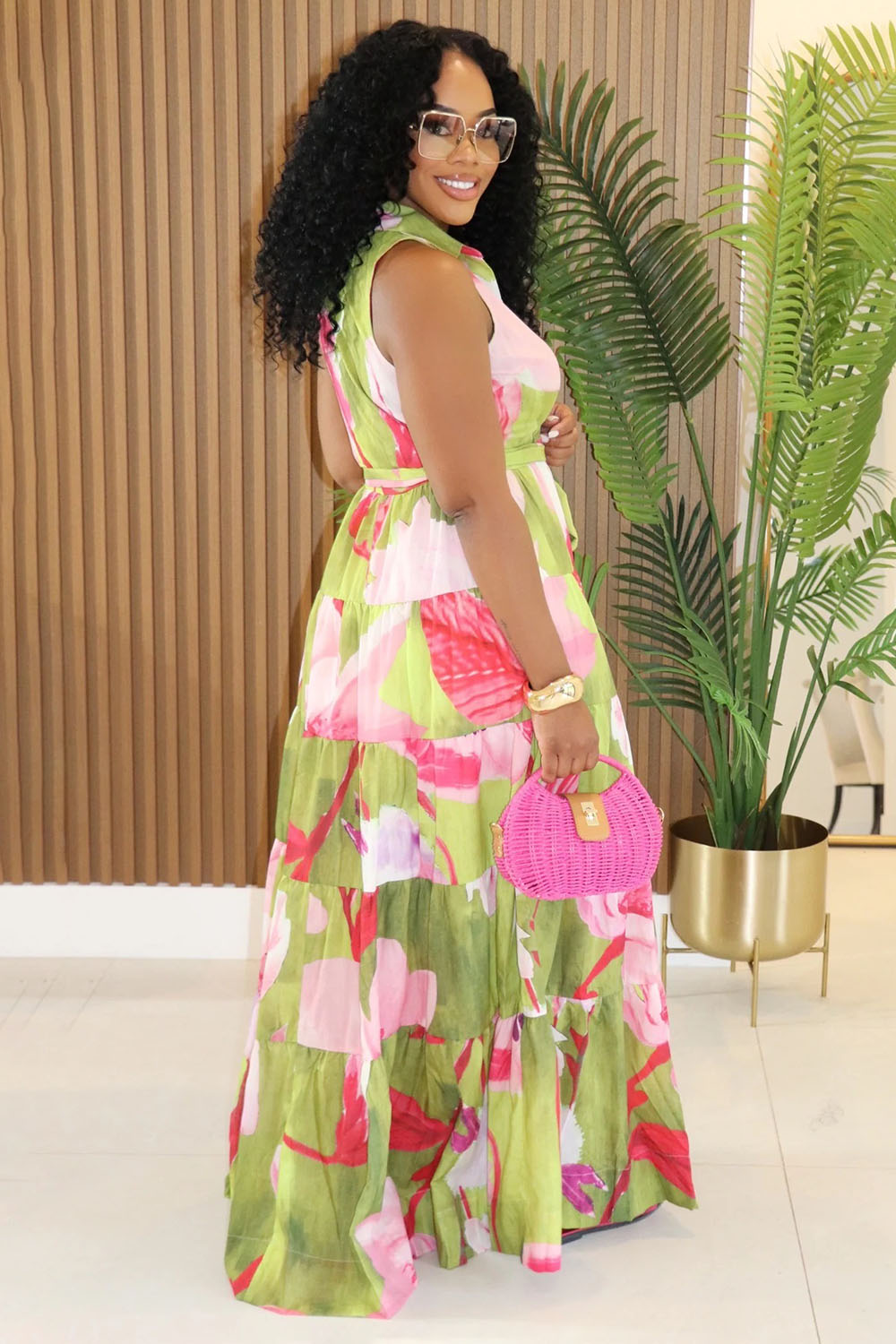 Floral Print Tiered Button Up Sleeveless Maxi Dresses-Green [Pre Order]