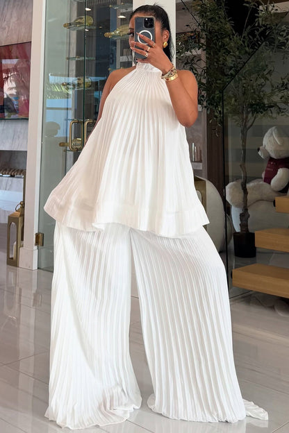 Pleated Halter Backless Top Ruffle Wide Leg Pants 2pcs Set-White [Pre Order]
