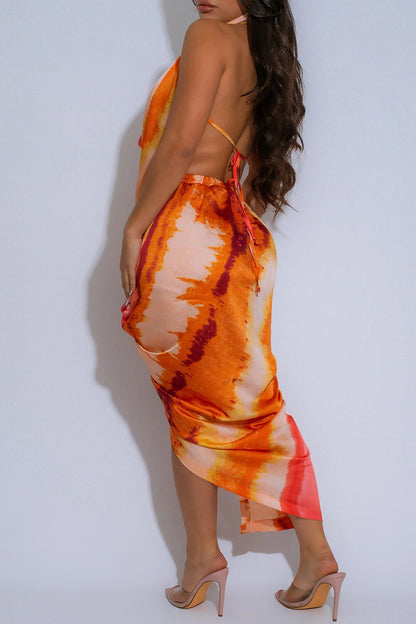 Tie Dye Print Cowl Neckline Slit Hem Halter Maxi Dresses-Blue
