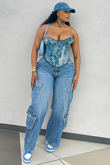 Oversize Pockets Denim High Waist Straight Leg Casual Jeans-Blue