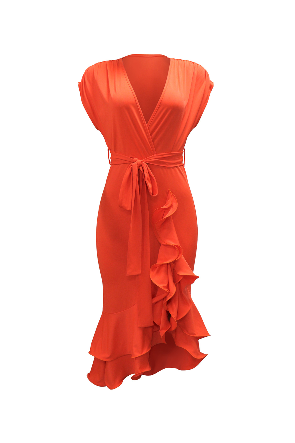 Deep V Neck Short Sleeve Tie Belt Ruffled Solid Color Midi Dresses-Orange