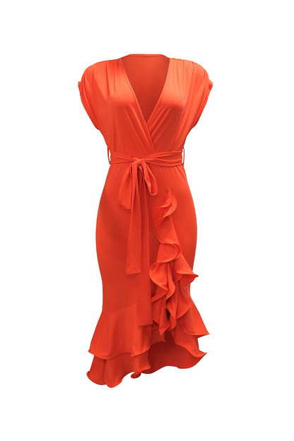 Deep V Neck Short Sleeve Tie Belt Ruffled Solid Color Midi Dresses-Orange