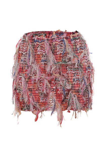 Multicolor Fringed Design Bodycon Mini Skirt-Pink