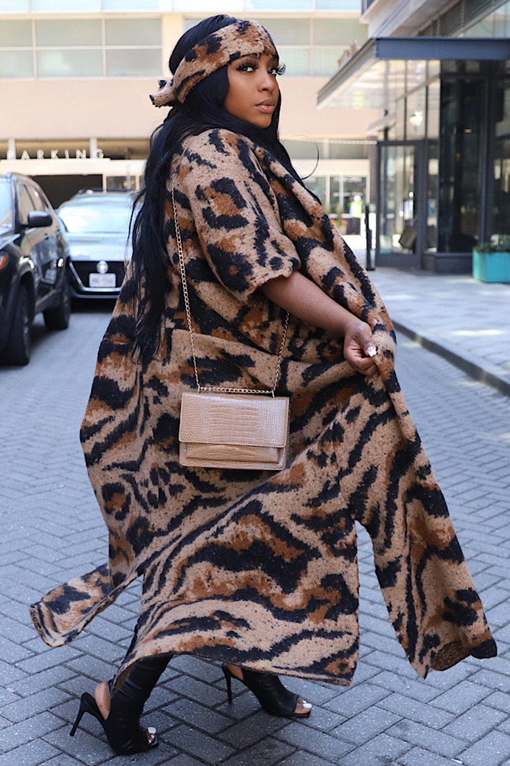 Leopard Pattern Knit 3/4 Sleeve Front Opened Long Cardigan-Brown [Pre Order]