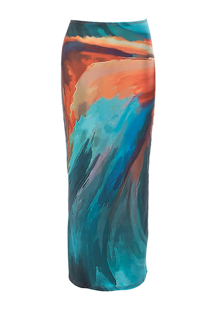 Colored Drawing Print Bodycon Casual Maxi Skirt-Blue