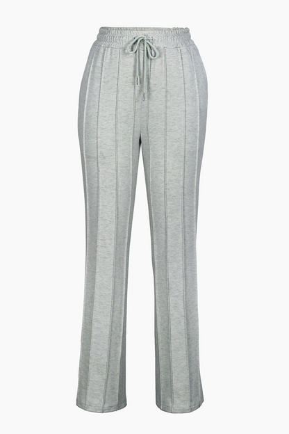 Elastic Waist Tie Up Striped Solid Color Casual Pants-Grey