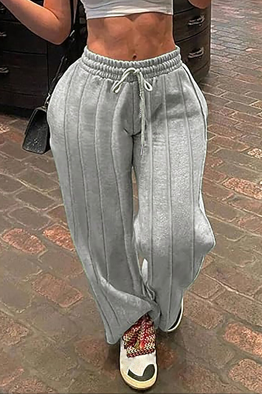 Elastic Waist Tie Up Striped Solid Color Casual Pants-Grey