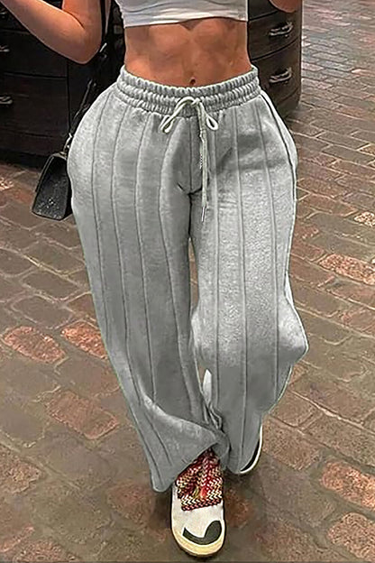 Elastic Waist Tie Up Striped Solid Color Casual Pants-Grey