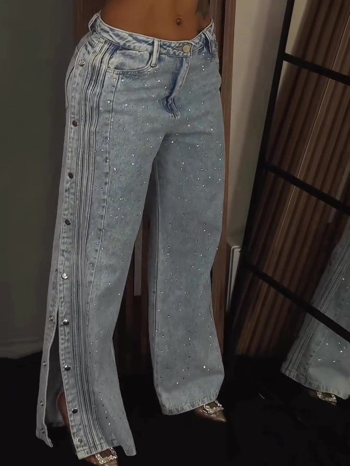 High-Waisted Rhinestone Embellished Side Button Jeans