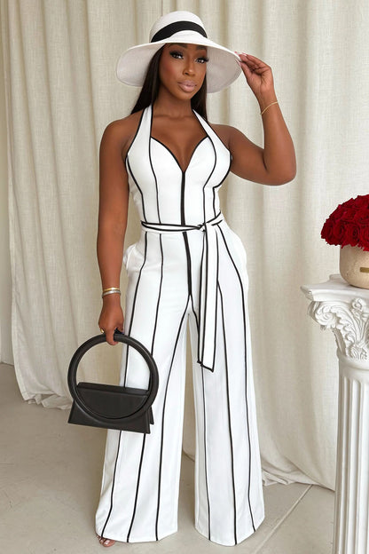 Colorblock Trim Halter Cinched Vacation Wide Leg Jumpsuit-White [Pre Order]