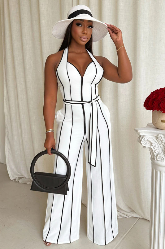 Colorblock Trim Halter Cinched Vacation Wide Leg Jumpsuit-White [Pre Order]
