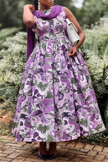 Plus Size Formal Purple Elegant All Over Print Boat Neck Pocket Satin Maxi Dresses [Pre-Order]