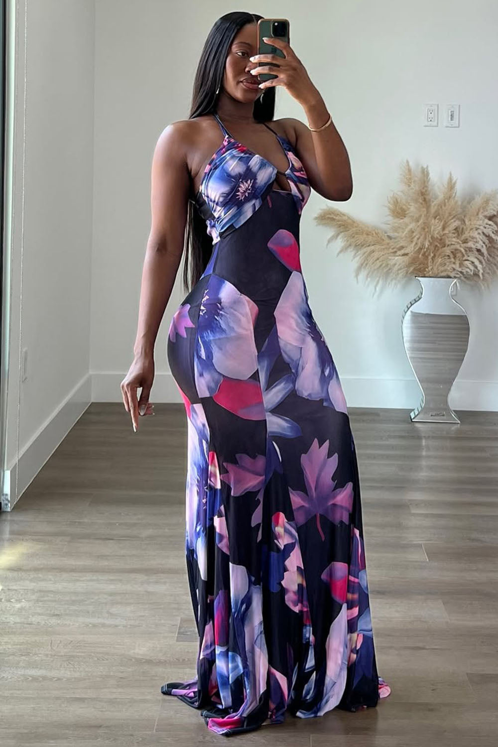 Halter V Neck Floral Print Godets Hem Party Maxi Dresses-Purple [Pre Order]