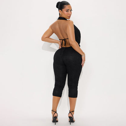 Women's Lace Swing Collar Halter Bare Back Tight One-Piece Cropped Trousers Jumpsuit