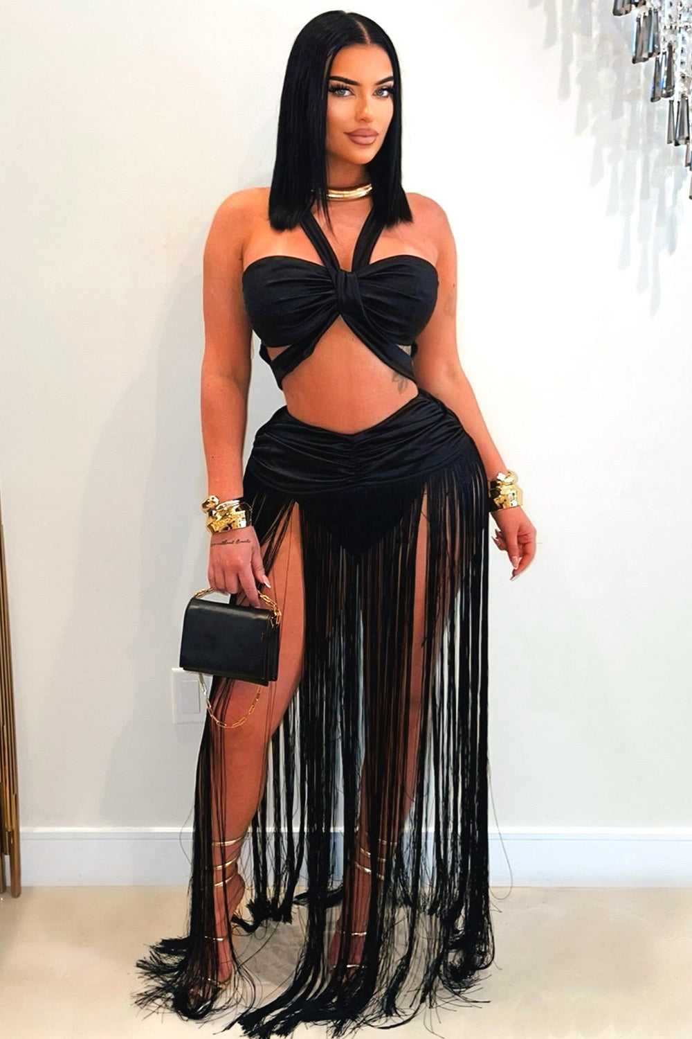 Gathered Halter Crop Top Fringe Maxi Skirt Party 2pcs Set-Orange