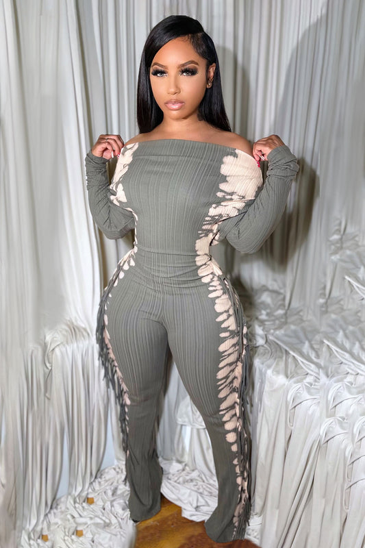 Off Shoulder Long Sleeve Print Fringe Slim-Fit Jumpsuit-Gray [Pre Order]