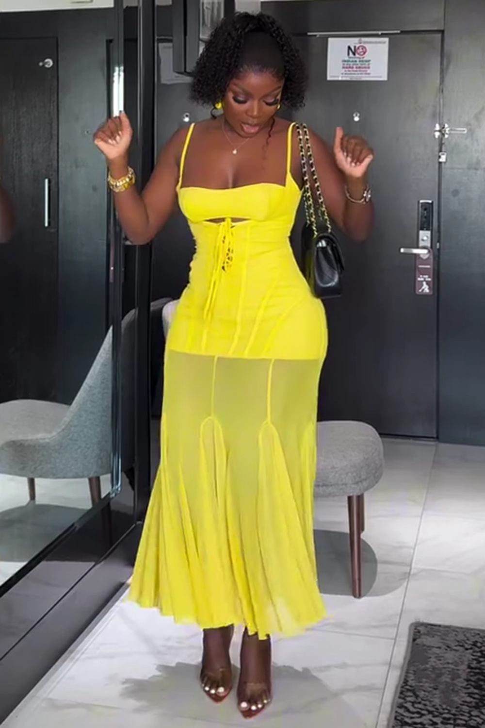Cami Halter Lace-Up Godet Mesh Hem Party Maxi Dresses-Yellow [Pre Order]