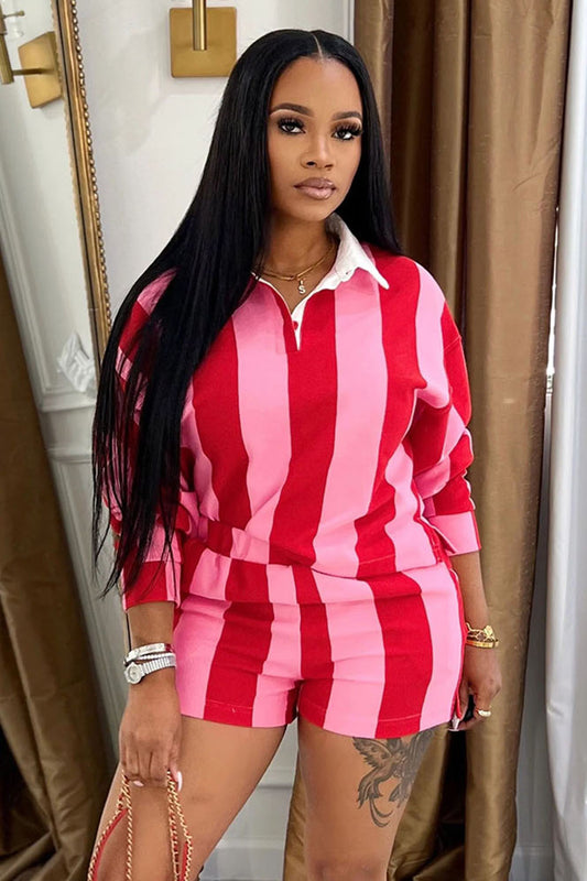 Colorblock Striped Long Sleeve Polo Shirt Shorts 2pcs Set-Red [Pre Order]