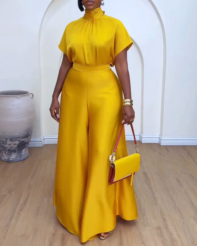 Temperament Commuter Style Satin Silky Strap Flying Sleeve Wide Leg Two-Piece Suit