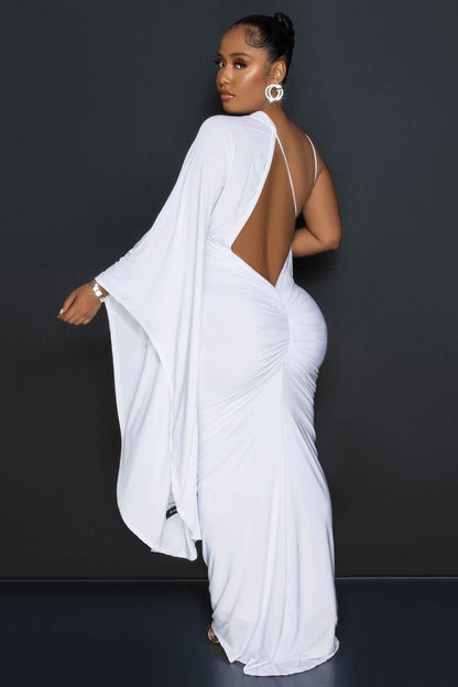 V Neck Asymmetric Backless Slim-Fit Party Maxi Dresses-White
