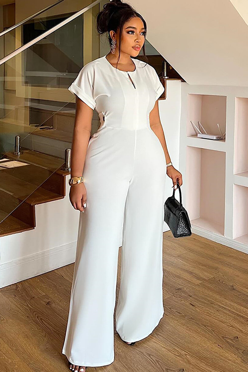 Solid Color Round Neck Short Sleeve Wide Leg Jumpsuit-White