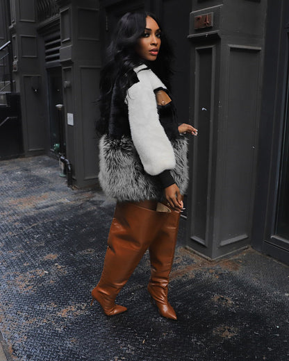 Colorblock Fuzzy Faux Fur Patchwork Long Sleeve Jacket-Black