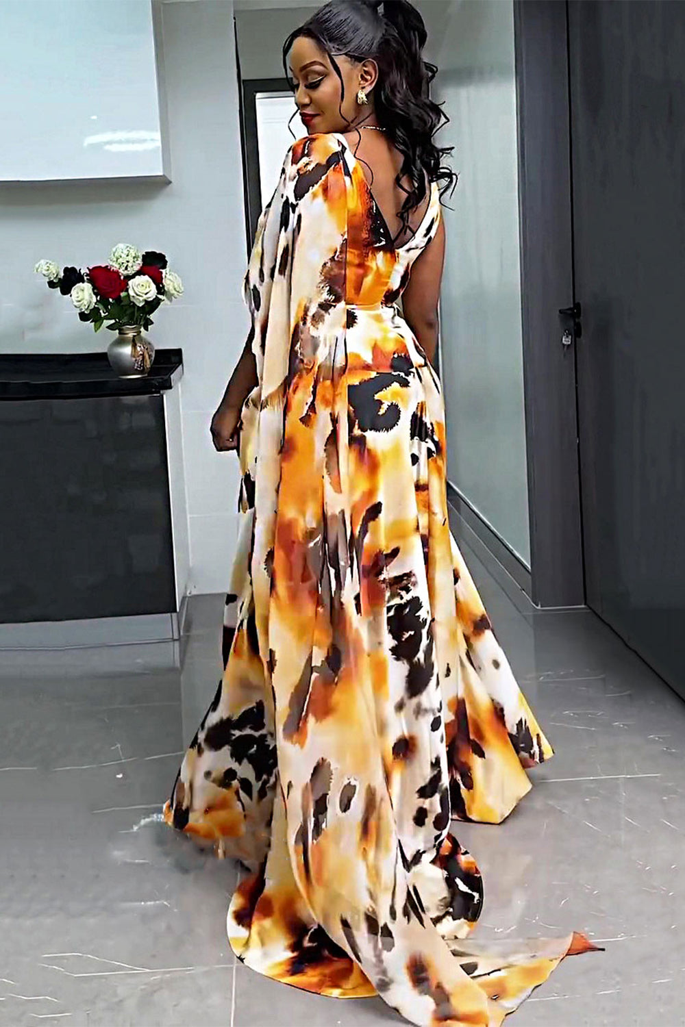 Asymmetric Sash Overlap V Neck Print Party Maxi Dresses-Brown [Pre Order]