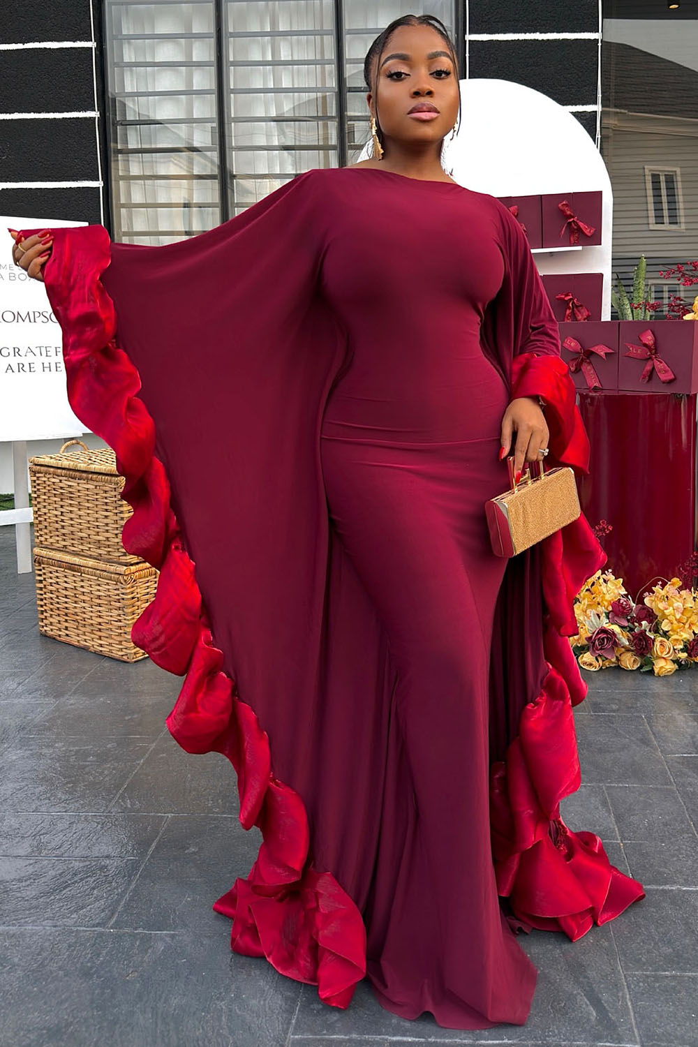 Bat-Wing Patchwork Ruffle Valentine's Party Maxi Dresses-Burgundy [Pre Order]
