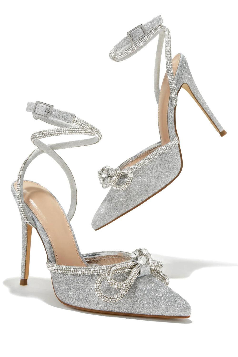 Glittering Rhinestone Bow Decor Pointed Toe Party Stiletto Heels-Black