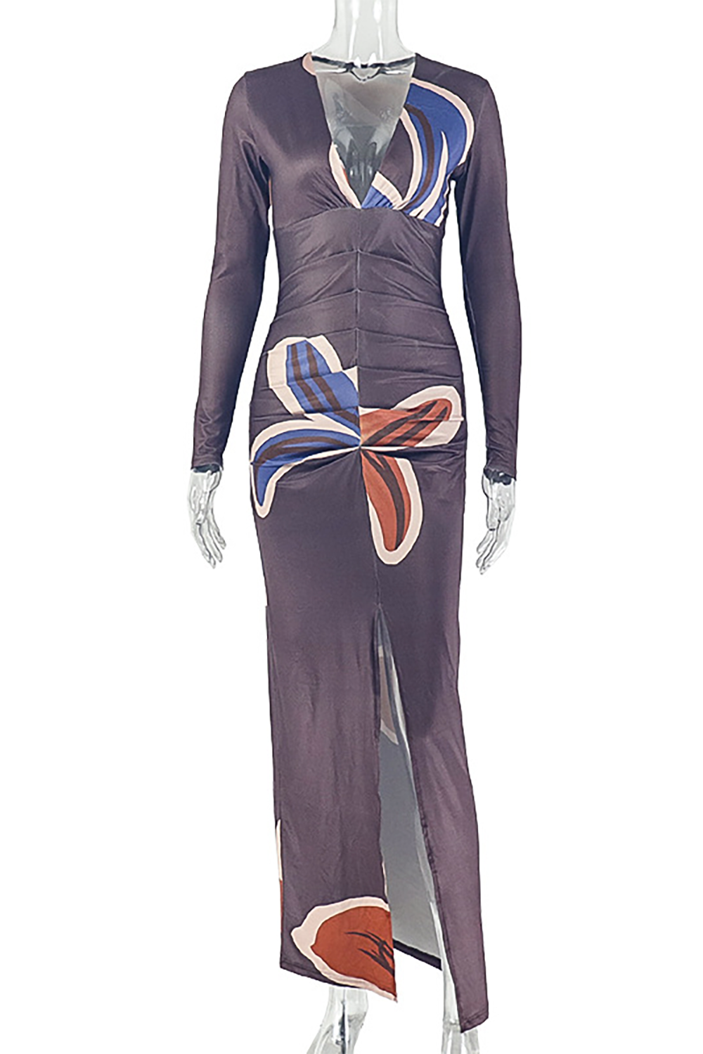 Floral Print Deep V Neck Long Sleeve Ruched Bodycon Slit Maxi Dresses-Brown