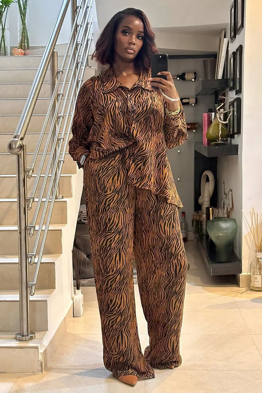 Zebra Pattern Long Sleeve Blouse Wide Leg Pants Matching Set-Brown