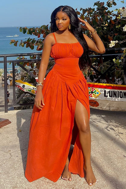 Boat Neck Cinch Waist Slit Hem Solid Color Slip Maxi Dresses-Orange