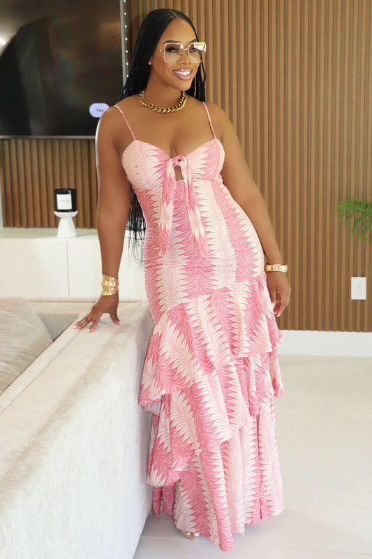 Ribbon Layered Hem Leaf Print Vacation Cami Maxi Dresses-Pink [Pre Order]