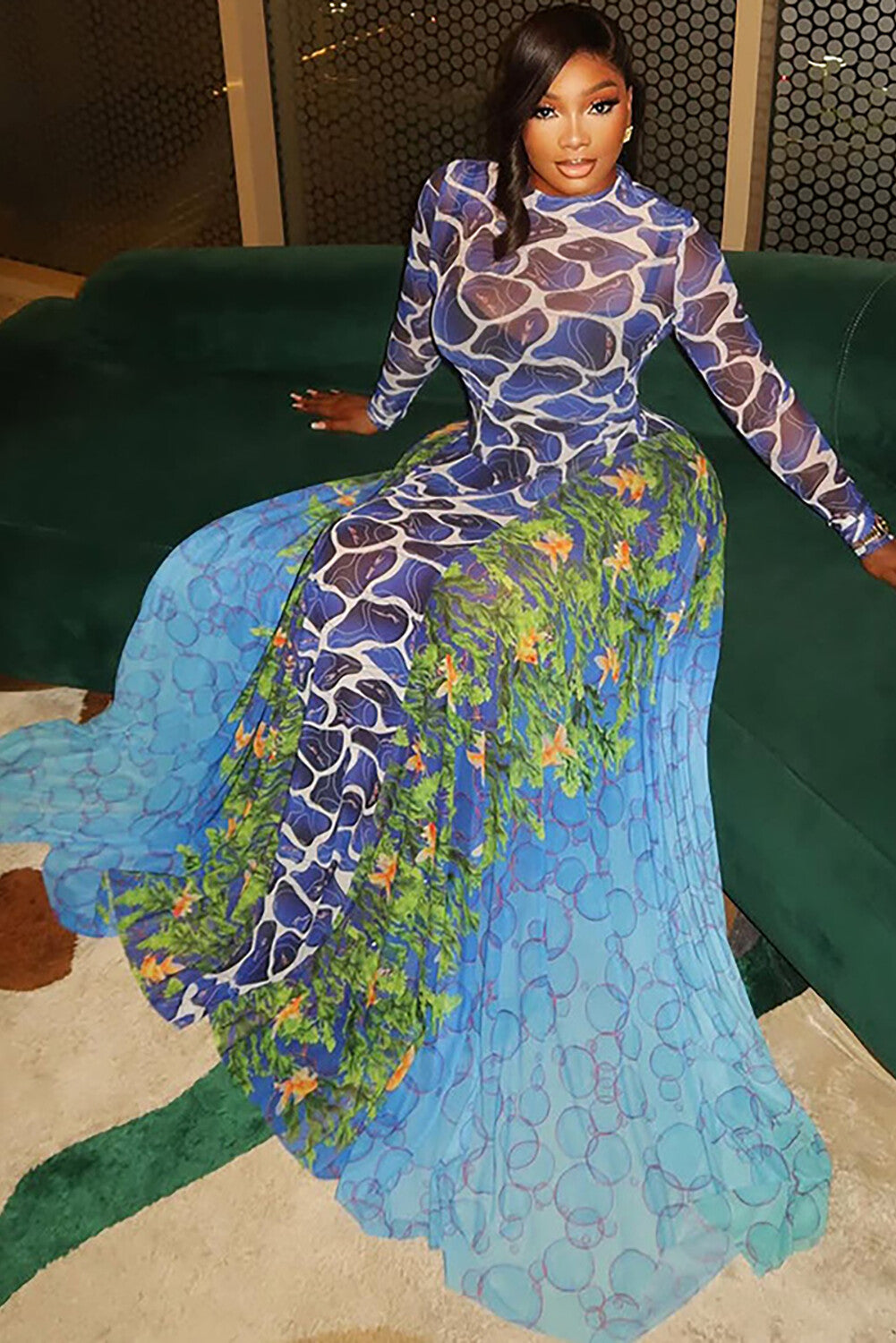 Floral Mixed Print Long Sleeve Colorblock Maxi Dresses-Blue